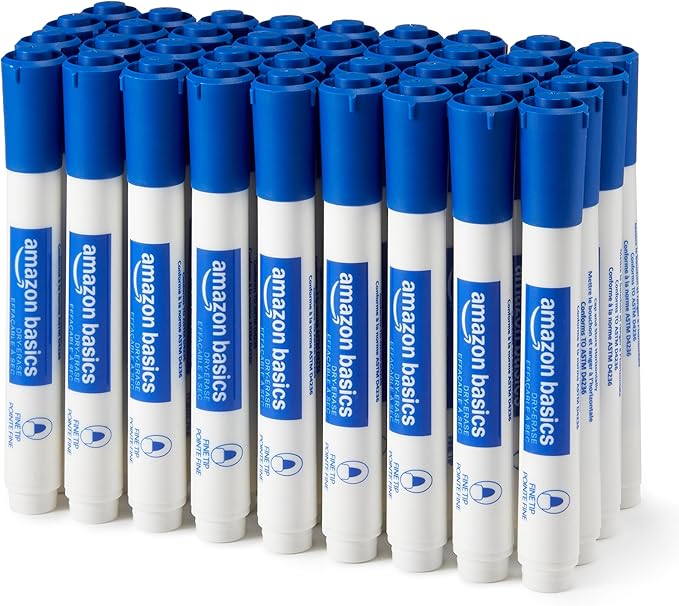 Amazon Basics Low-Odor Dry Erase Whiteboard Markers, Fine Tip, Quick-Dry, Blue, 36-Pack