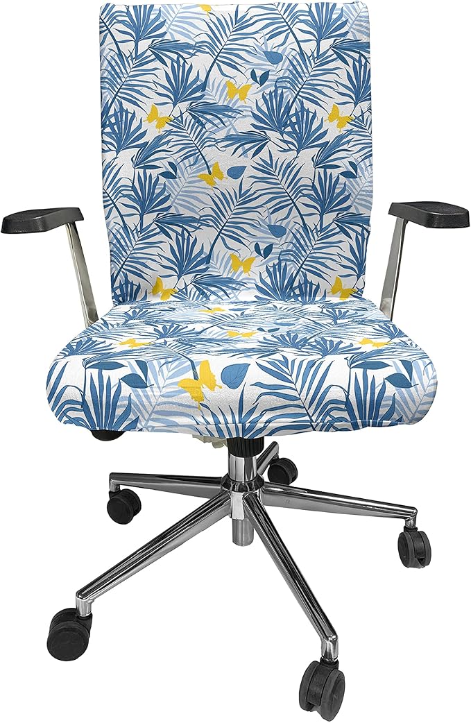 Ambesonne Tropical Office Chair Cover, Exotic Palm Leaves and Butterflies, Stretchable Decorative Universal Size High Back Printed Slipcover, Blue Azure