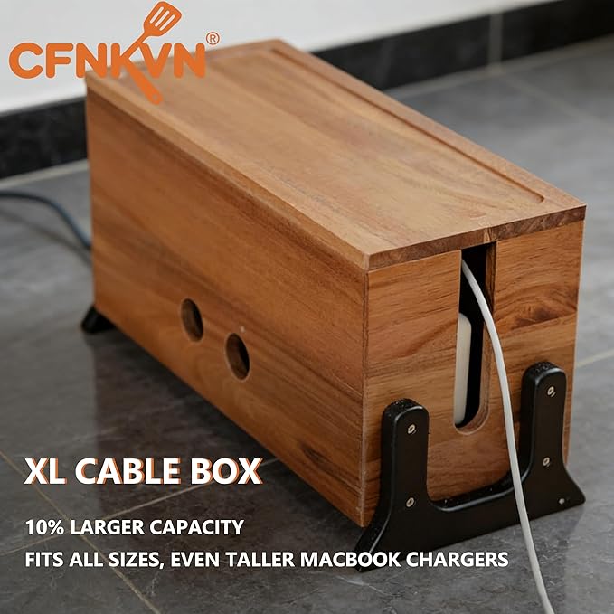 Extra Large Cable Management Box, 14.17 x 6 Inch Cord Organizer Box & Power Strip Cover - Wooden Wire Hider for Desk, Floor, Living Room, Home Office, Kids & Pets Safe
