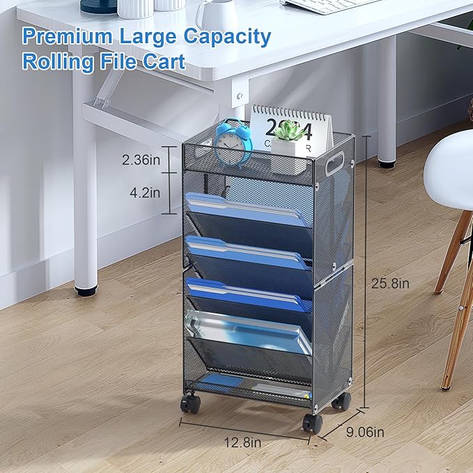 OUTWOLF 10-Tier Rolling File Cart, Beside/Under Desk File Organizer with Wheels, Paper Letter Tray Storage Cart for Office, Classroom, Homeschool Organization