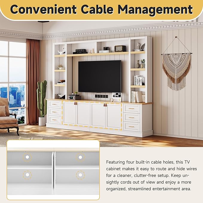 102.3"W Farmhouse 4-Piece Entertainment Center Wall Unit with Adjustable Shelves, Modern Large TV Stand with Bookshelves for TVs Up to 75", Rustic Media Console with 6 Drawers for Living Room, White