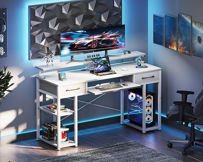 ODK Computer Desk with Drawers, 55 Inch Office Desk with Power Outlet and Keyboard Tray & Storage Shelves & PC Stand, Office Table Work Desk with Monitor Stand, White