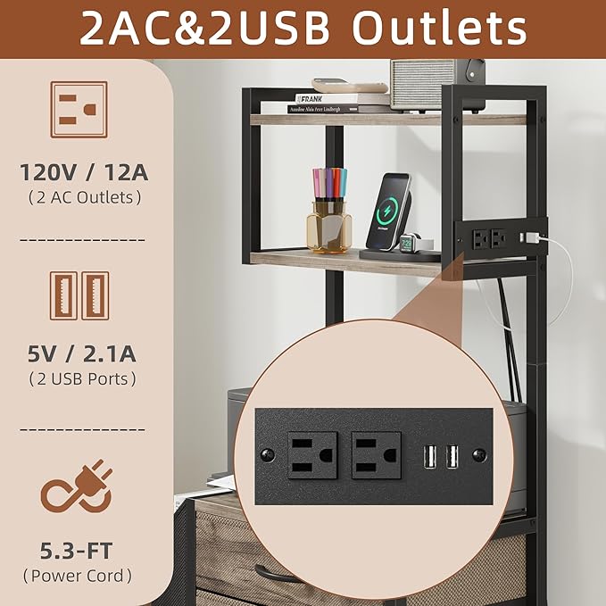 HIGDBFE 3 Drawer File Cabinet with Charging Station, 45''H, 3-Tier Small Filing Cabinet for Home Office, 11''*16'' for Small Printer, Fabric Drawer Fits Letter/A4, Tall Printer Stand, Grey