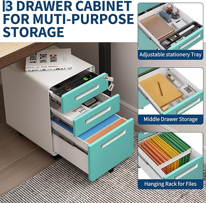 3 Drawer Mobile File Cabinet with Lock, Under Desk Metal Filing Cabinets with Wheels for Home Office Organizer Letters/Legal/A4, Fully Assembled