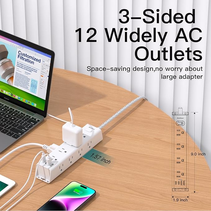 Addtam Power Strip Surge Protector with 12 AC Outlets & 4 USB Ports, 25FT Extra Long Extension Cord, Flat Plug Wall Mount, 1050J, Outlet Extender for Garage Workshop Basement Office, ETL Listed, White