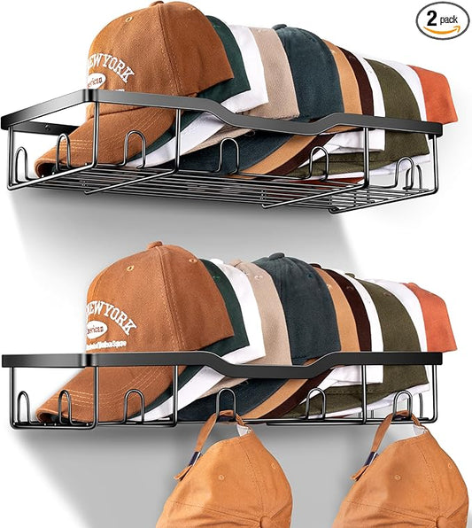 KEETDY Metal Hat Racks for Baseball Caps Wall Hat Organizer Fit 48 Caps Holder, 2 Packs Sturdy Wall Mounted Hat Storage Organizer, Black, Patent: US D1,041,201 S