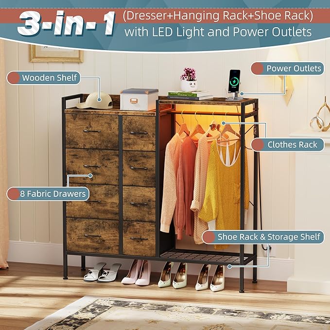 HIGDBFE Dresser with Hanging Rack, 8-Drawer Dresser for Bedroom with Charging Station & LED Lights, Fabric Dressers with Shoe Rack, Rustic Brown, 11.8" D x 42" W x 42.7" H (8 Drawers)