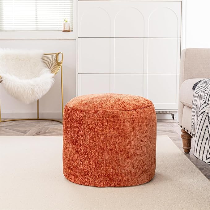 Boucle Round Pouf Ottoman - All-in-One Solid Foam Filled Foot Rest, Multifunctional Coffee Table & Floor Seat for Living Room, Bedroom - Orange