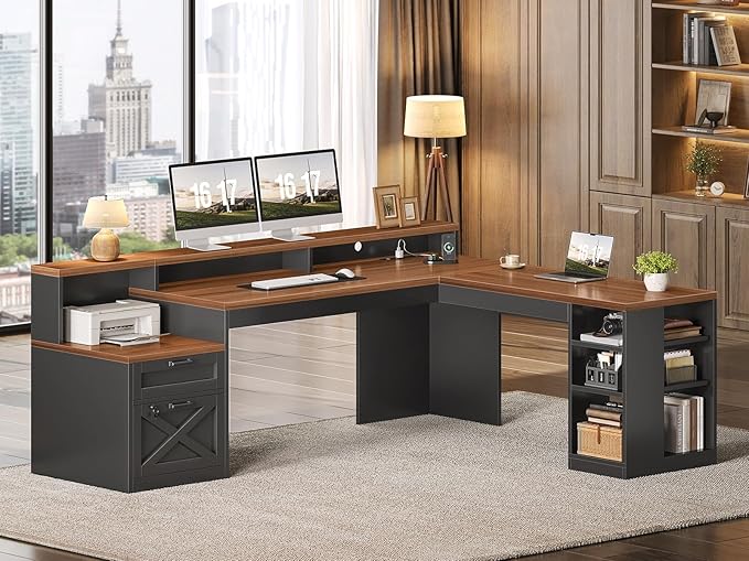 SEDETA L Shaped Desk with 2 Drawers, 65"x 59" Large Home Office Desk with Lockable File Drawer & Power Strip, Corner Desk with Storage & LED Strip, Black + Brown
