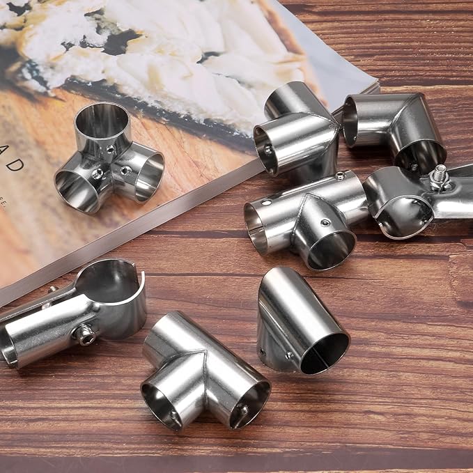 uxcell 6Pcs Tee Structural Pipe Connectors 3 Way End Rails Clamp with Wrench Stainless Steel Corner Pipe Fittings for DIY Shelf Garden Support 1" Fit Pipe Dia, Silvery