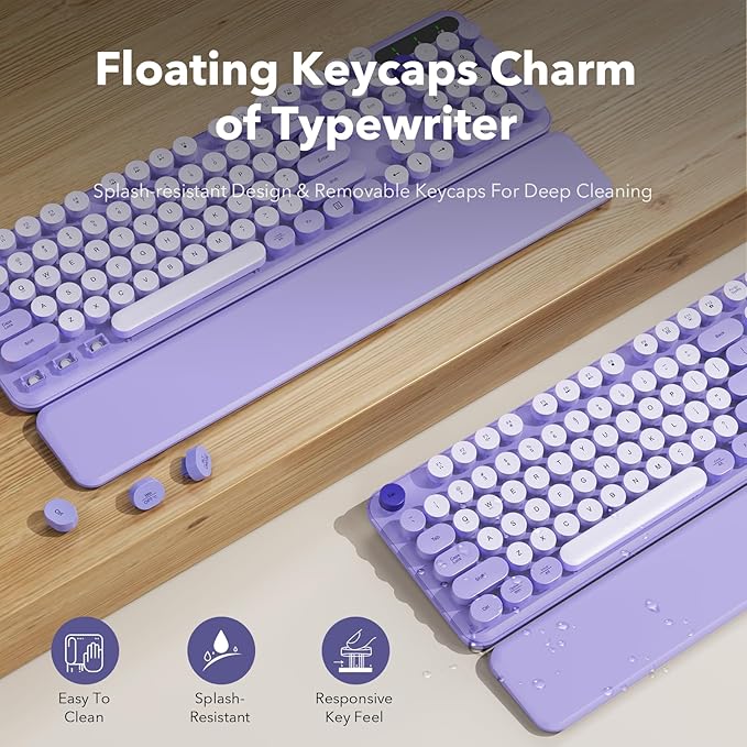 Wireless Keyboard and Mouse Combo with Detachable Magnetic Wrist Rest, Retro Typewriter-Style Keyboard, Round Keycaps, 3-Level DPI Ergonomic Mouse, 2.4GHz for Windows PC/Laptop (Lilac Purple)