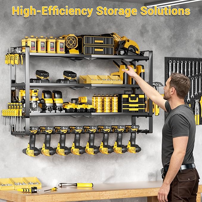 4 Layers Extra Tall Power Tool Organizer Wall Mount Loads 400lbs,Heavy Duty Metal Battery Tool Rack with 8 Cordless Drill Holders,Tool Storage Shelf For Workshop,Garage,Warehouse,Gifts for Men,Husband