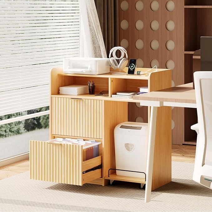 VINGLI Lateral 2 Drawer File Cabinet with Cart, Home Office Filing Organizer for Letter File Folder Storage, Fluted Design, Wood Filing Cabinet with Socket, Wide Printer Paper Shredder Stand (Oak)