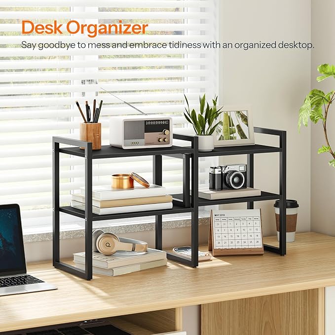 HOOBRO Desk Shelf Organizer, Adjustable Desktop Bookshelf, 2-Tier Shelf for Top of Desk, Wooden Office Storage Rack, for Office, Study, Kitchen, Dorm, Black BB39SJ01