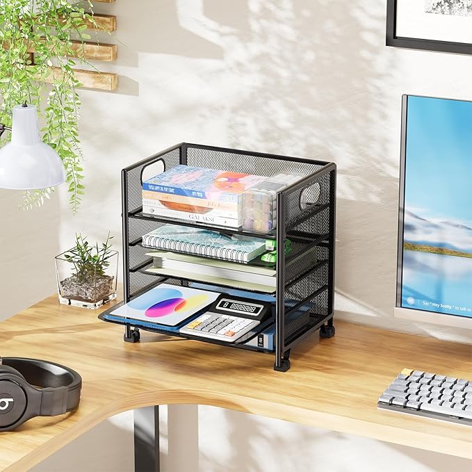 Simple Trending 5-Tier Paper Organizer Letter Tray with Handle, Mesh Desk File Organizer Folder Holder, Office Sorter for Home or School, Black