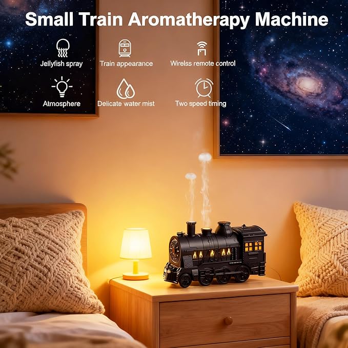 Mother's Day Train Humidifier 300ml, Dual Mist Outlets Cool Mist Diffuser with 2/8H Timer, for Aromatherapy & Air Humidity, Desktop Decor(Black)