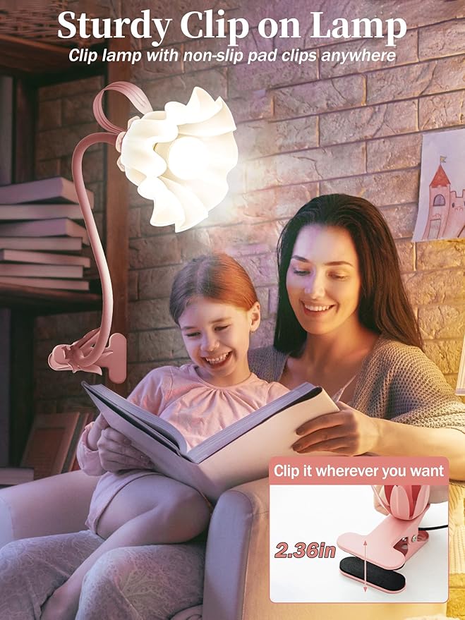 Flower Desk Lamp,Reading Light for Books in Bed,3 Color Modes 360°Rotation Clip on Light,Vintage Flower Bedside Lamp for Bed Headboard Bedroom College Dorm Office Lighting Table Lamp Home Decoration