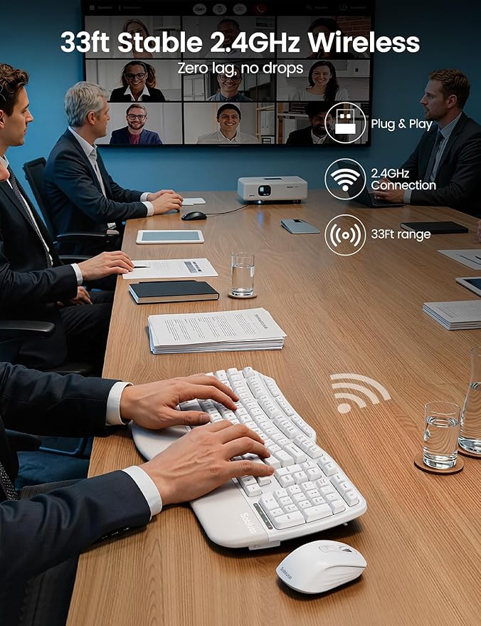 White Ergonomic Wireless Keyboard and Mouse Combo, 2.4G Full Size Ergo Wave Key Board with Cushioned Plam Rest, Natural Typing, 3 DPI Adjustable Silent Mouse for Computer/Laptop/Windows/Mac - Sablute