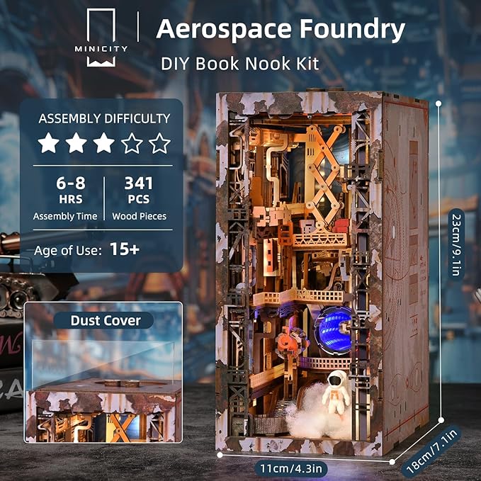 MiniCity Book Nook Kit - Industrial Space 3D Miniature Sci-Fi Scene with LED Lights, 340 Pcs DIY Assembly for Bookshelf Decor (Aerospace Foundry)