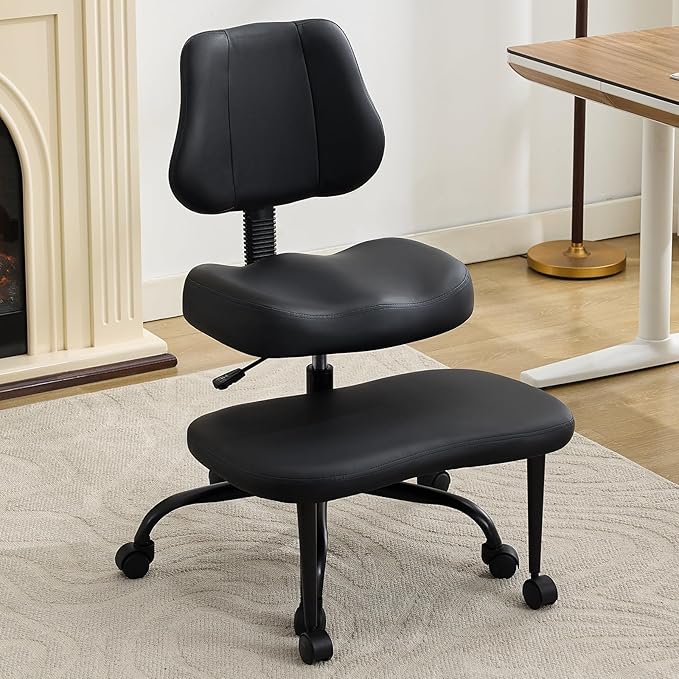Criss Cross Legged Meditaion Chair,Exquisite Home Office Furniture,Ergonomic Kneeling with Lumbar Support and Adjustable Height Stool,for ADHD Adults,Teddy Fabric (Dark, Faux Leather)