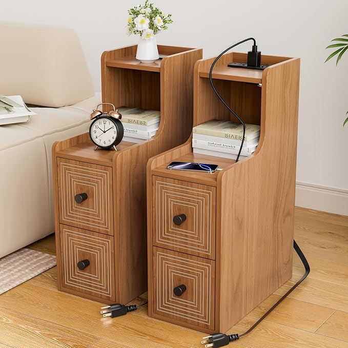 Set of 2 Narrow End Table with Charging Station, Wooden Slim Side Table with Storage, Mid Century Modern Nightstand with Drawers for Living Room, Walnut