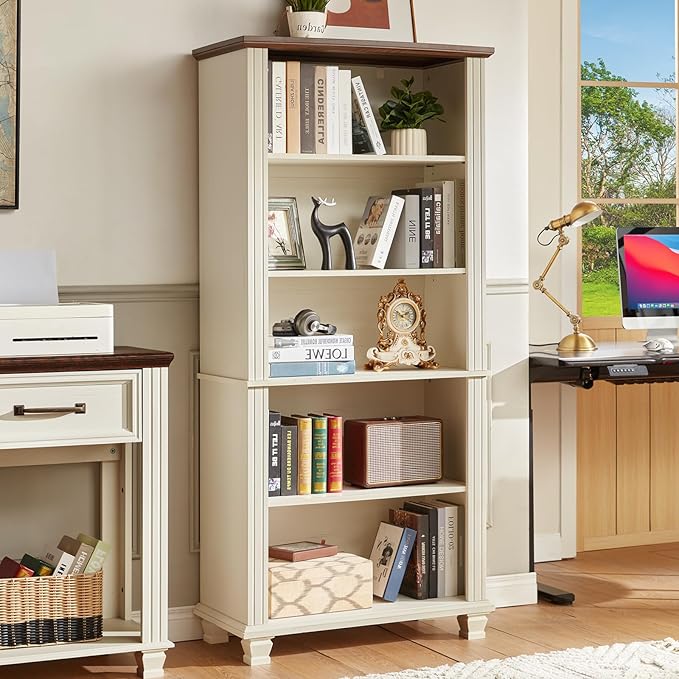 SAVOR LIFE 70" Tall White Bookshelf,5 Tier Wood Book Shelf with Adjustable Shelves & Wood Legs,Free Standing Farmhouse Bookcase with Open Display Storage,Vintage Kids Bookshelves for Nursery,2PCS