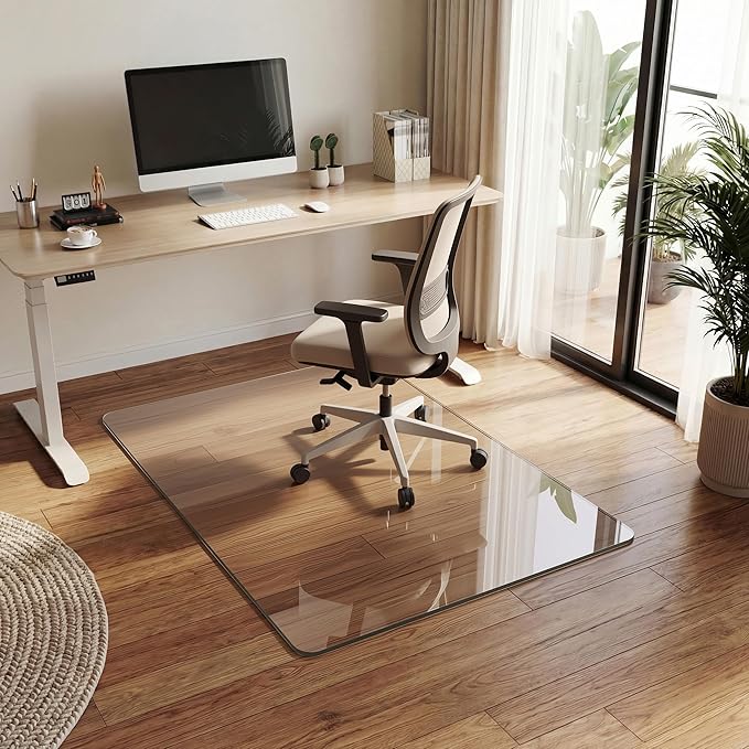 Tempered Glass Chair Mat for Hardwood Floor, 32" x 48" Heavy Duty Glass Office Chair Mat, for Low Pile Carpet, 0.2" Thick with 4 Non-Slip Pads, Smooth Rolling for Home & Office