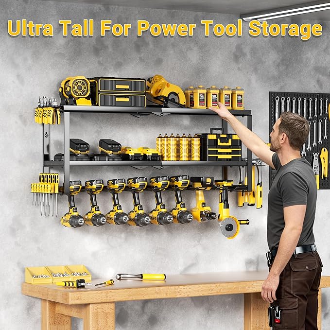 Power Tool Organizer Wall Mount Loads 300 lbs，Heavy Duty Metal 3 Layers Extra Tall Storage Rack with 8 Drill Holders & Battery Storage，Cordless Utility Tool Shelf for Garage, Workshop