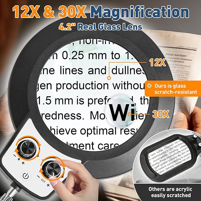 KIRKAS 30X 12X Magnifying Glass with Light and Stand, Stepless Brightness Color Modes & Adjustable Height Floor Magnifying Lamp, 2 in 1 Lighted Magnifier for Craft Reading Sewing Close Work- Black