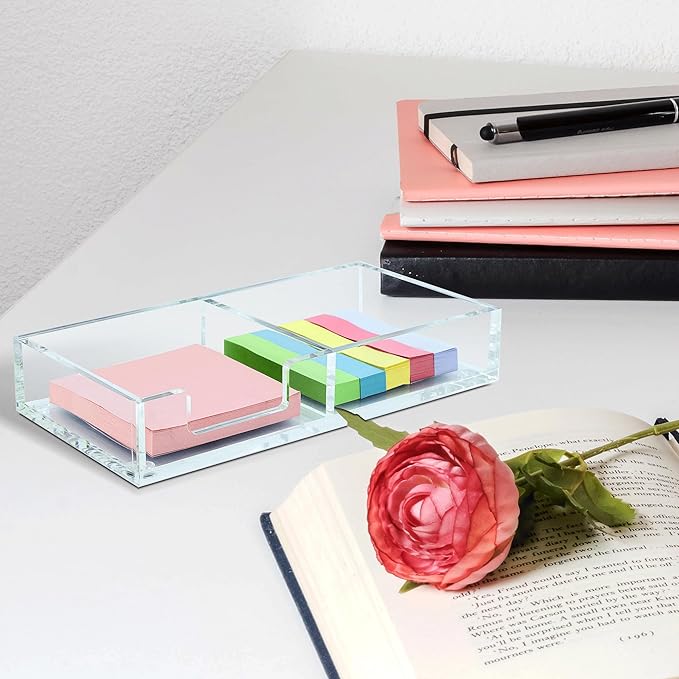 Sticky Notes Holder 2in1 Memo Pad Dispenser,7.68" x 3.9" x 1.38" Clear Desk Supplies Organizer Accessories for Office Home School Post Bank (DP013)