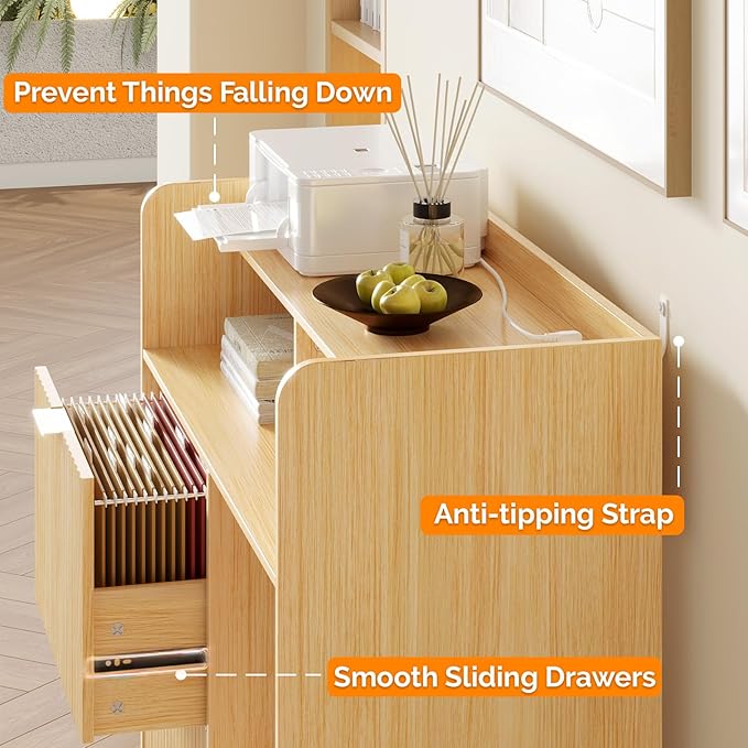 VINGLI Lateral 2 Drawer File Cabinet with Cart, Home Office Filing Organizer for Letter File Folder Storage, Fluted Design, Wood Filing Cabinet with Socket, Wide Printer Paper Shredder Stand (Oak)