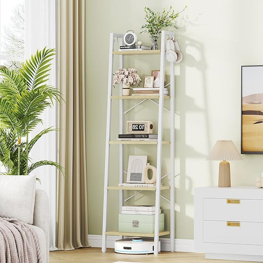 Hzuaneri Ladder Shelf, Bookshelf Bookcase, Freestanding Corner Storage Shelve with 2 Hooks for Home Office, Living Room, Kitchen, Bedroom, Industrial, 11.8" D x 17.3" W x 63" H, White Oak and White