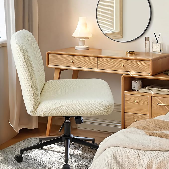 Criss Cross Chair Cover Beige Jacquard Armless Mid-Back Wide Office Desk Chair Covers for Vanity Chairs Washable (T Shape-Beige)