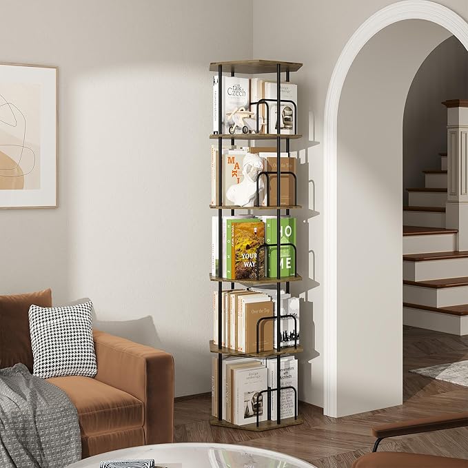 SUNMORY 5 Tier Rotating Bookshelf Tower, Revolving 360 ° Spinning Bookcase, Hexagonal Corner Book Shelf Storage Carousel, Vertical Rotate Turning Organizer Book Shelves for Living Room Office Bedroom