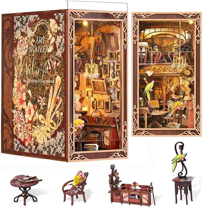 MiniCity Book Nook Kit, DIY Miniature Dollhouse Booknook Kit, 3D Wooden Puzzle Bookend Bookshelf Insert Decor with LED Light for Teens and Adults, Painter's Day at Dusk