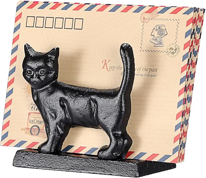BTSKY Cast Iron Mail Organizer Countertop, Heavy Duty Desk Mail Holder for Letters & Documents, Vertical Envelope Sorter for Home Office, Bill Rack - Black, Cat Shape