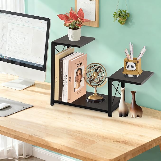 Desk Shelf Organizer, 3-Tier Wood Desk Bookshelf, Small Tabletop Book Shelf, Adjustable Display Rack for Office Decor and Desk Accessories,Rustic Black