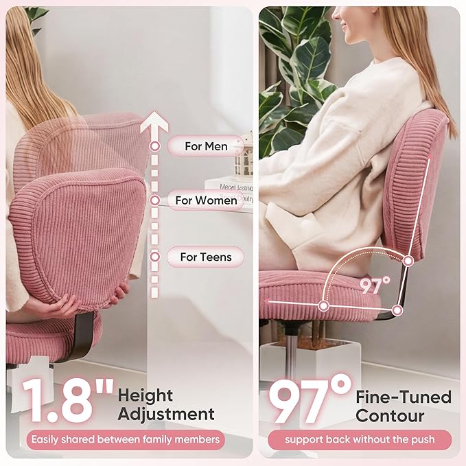 Criss Cross Office Chair with Wheels, Adjustable-Height Backrest & Swivel Footrest, Ergonomic Cross Legged Office Chair with Leg Rest for Kneeling Meditation Yoga ADHD (Pink Canvas)