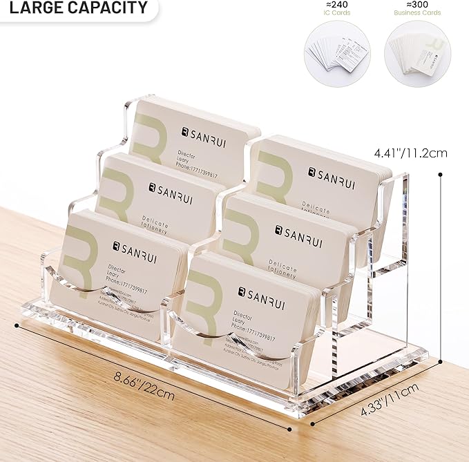 SANRUI Acrylic Business Card Holder for Desk, Clear Display Stand with 6 Slots, 3-Tier Horizontal Name Card Stands, Office Desk Organizer for Women & Men , Holds 50 Cards Each Pocket