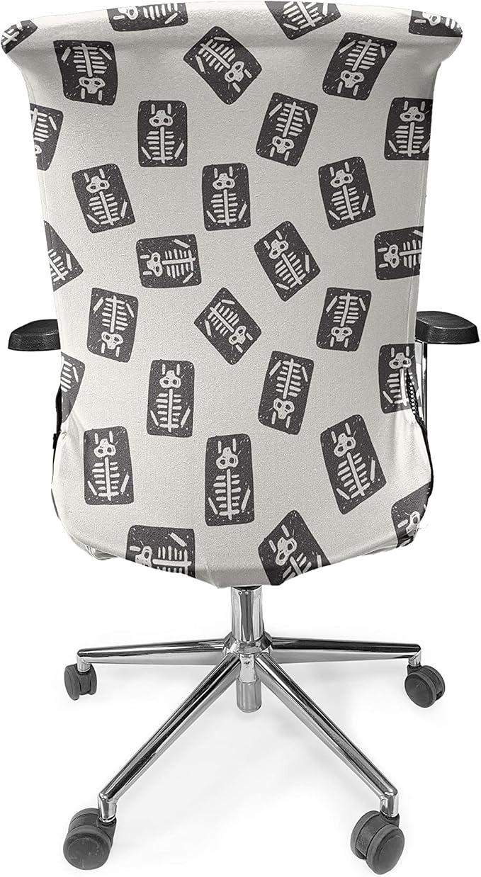 Ambesonne Cartoon Office Chair Cover, Xray Part of an Abstract Skeleton Image in Repetitive Grunge Pattern, Stretchable Decorative Universal Size High Back Printed Slipcover, Ivory Charcoal