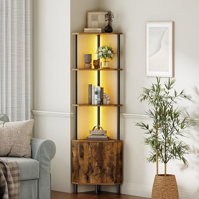 HOOBRO Corner Cabinet with LED Light, Corner Shelf Stand with Storage and Doors, 5-Tier Industrial Corner Bookshelf, 59” Tall Display Rack Shelf, for Living Room, Kitchen, Rustic Brown BF147DCJ01