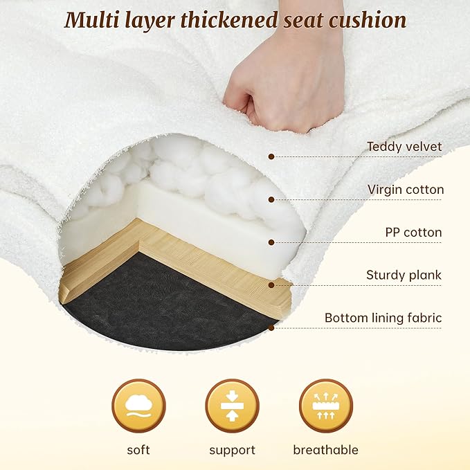 DurayLoly Ergonomic Office Chair, 360° Swivel Meditation Chair with Wheels, Height Adjustable Office Chair with Foot Rest for ADHD, Thicken Cushion & Backrest, Teddy Fabric, Off-White