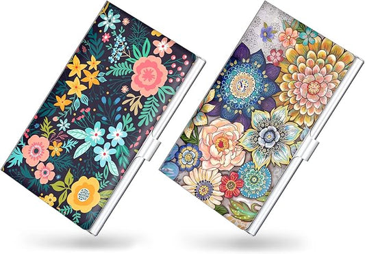 2 Pack Business Card Holder，Color Printing Men's and Women's Business Card Case，Ultra-Thin Metal Business Card Organizer，Carry-on Pocket Wallet Business Card Holder
