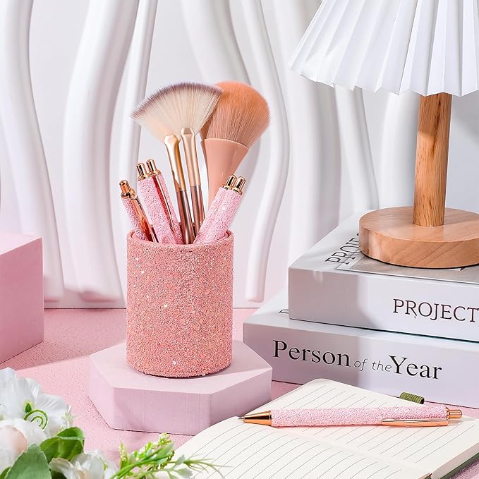 BBTO Bling Sequin Pen Holder with 6 Pcs Sequin Click Pens Cute Glitter Retractable Ballpoint Pens, Pencil Cups for Desk Organizer Makeup Brush Holder for Women Girls Classroom Offices(Light Pink)