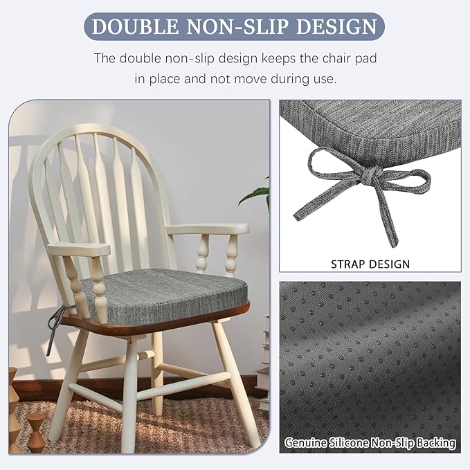 baibu Kitchen Chair Cushions, Dual-Layer Patented Design Molded Memory Foam Dining Chair Pads with Ties and Washable Cover, 17" x 16" x 2", Grey