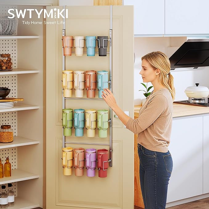 SWTYMIKI 4-Tier Water Bottle Organizer – Over the Door Stanley Cup Holder, Cup Organizer for Door or Wall Mount Option, Stanley Accessories for Pantry, Dorm, Office, RV Use, Silver