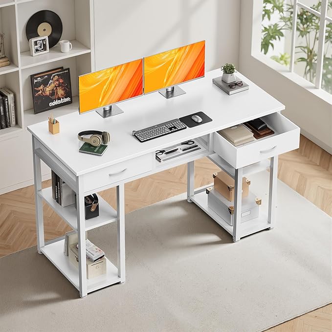 DUMOS 48" Small Computer Home Office Desk for Bedroom with Drawers, Gaming Writing Study Table with Storage Shelf, Adjustable Feet, Metal Frame Natural Brown
