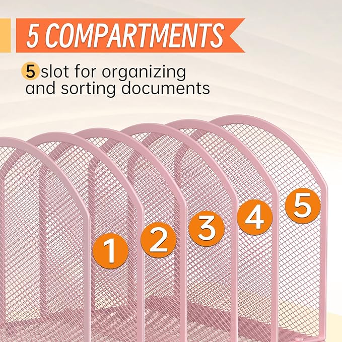 MINDEPOT Desk File Organizer 5 Sections Desktop Organizer File Sorter Office Organization File Folder Holder for Office School & Classroom (Pink, 5 Section - 1Pack)