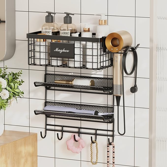 Magheo Hair Dryer Holder Wall Mounted, Adheisve Hair Styling Tool Organizer for hair Brush/Appliance Wall Mount with 4 Tier Shelf Basket Hooks Blow Dryer and Straightener Holder for Bathroom(Black)