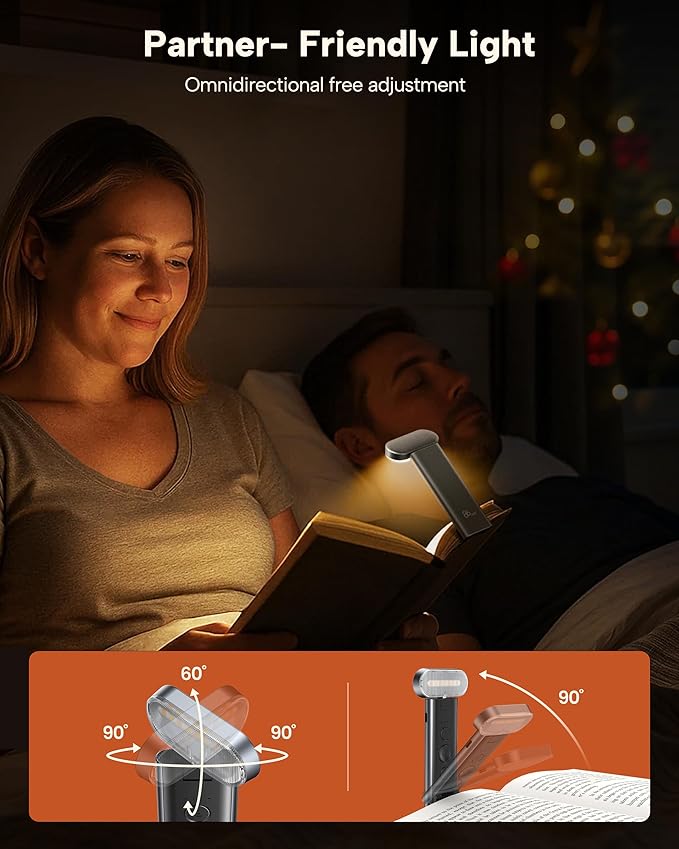 86lux Book Light, Reading Light for Book in Bed, USB Rechargeable LED Night Light with 3 Colors & Stepless Dimming, Aluminum Alloy Bookmark Light for Book Lovers, Technology Black
